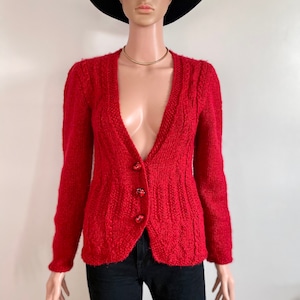 80’s Garnet Red Cable Knit Cardigan with Glass Bead Buttons Size XS/S