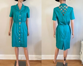 80’s Teal TOGETHER! Cutout Lattice Back Detail Belted Dress with Metal Buttons Size S