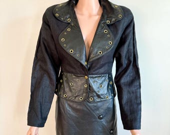 Vintage 1980’s Dali Melame Linen and Leather Gold Studded Cropped Blazer Jacket Size Small