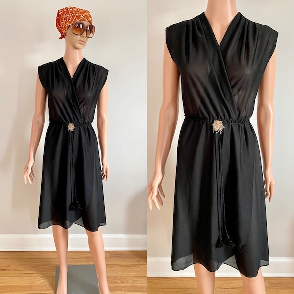 70’s Sheer Black Thank Heaven Disco Faux Wrap Dress with Feather Bolo Tie Belt Size XS/S