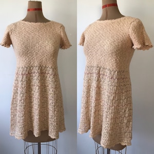 90&#39;s Boho Boho Grunge HENRI BENDEL New York Brei haak korte mouw Babydoll Mini Jurk Tuniek Grootte M