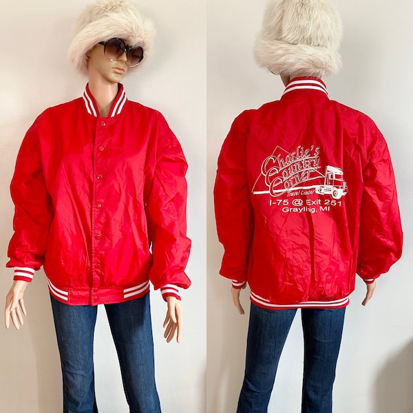 Vintage Red and White “Charlie’s Country Corner” Truck Stop Grayling Michigan Satin Athletic Bomber Jacket Men’s Size Small and Medium