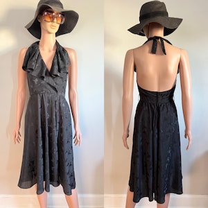 Vintage 1970’s Black Faux Wrap Floral Print Ruffled Collar Halter Disco Dress Size XS