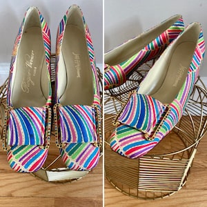 1960’s ROGER VIVIER for Saks Fifth Avenue Psychedelic Rainbow Mod Satin Pilgrim Rhinestone Buckle Pumps Size 7.5 AAA Narrow