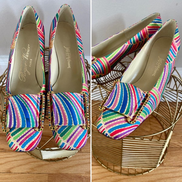 1960’s ROGER VIVIER for Saks Fifth Avenue Psychedelic Rainbow Mod Satin Pilgrim Rhinestone Buckle Pumps Size 7.5 AAA Narrow