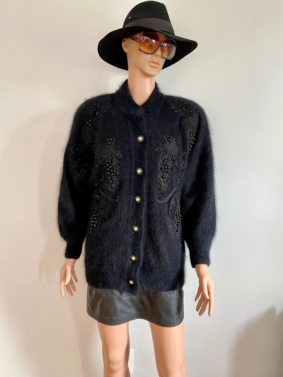 80s Belldini Black Angora Oversized Lined Cardigan Sweater Jacket With Lace Applique Beaded Embellishment and Rhinestone Buttons Size M Etsy Canada