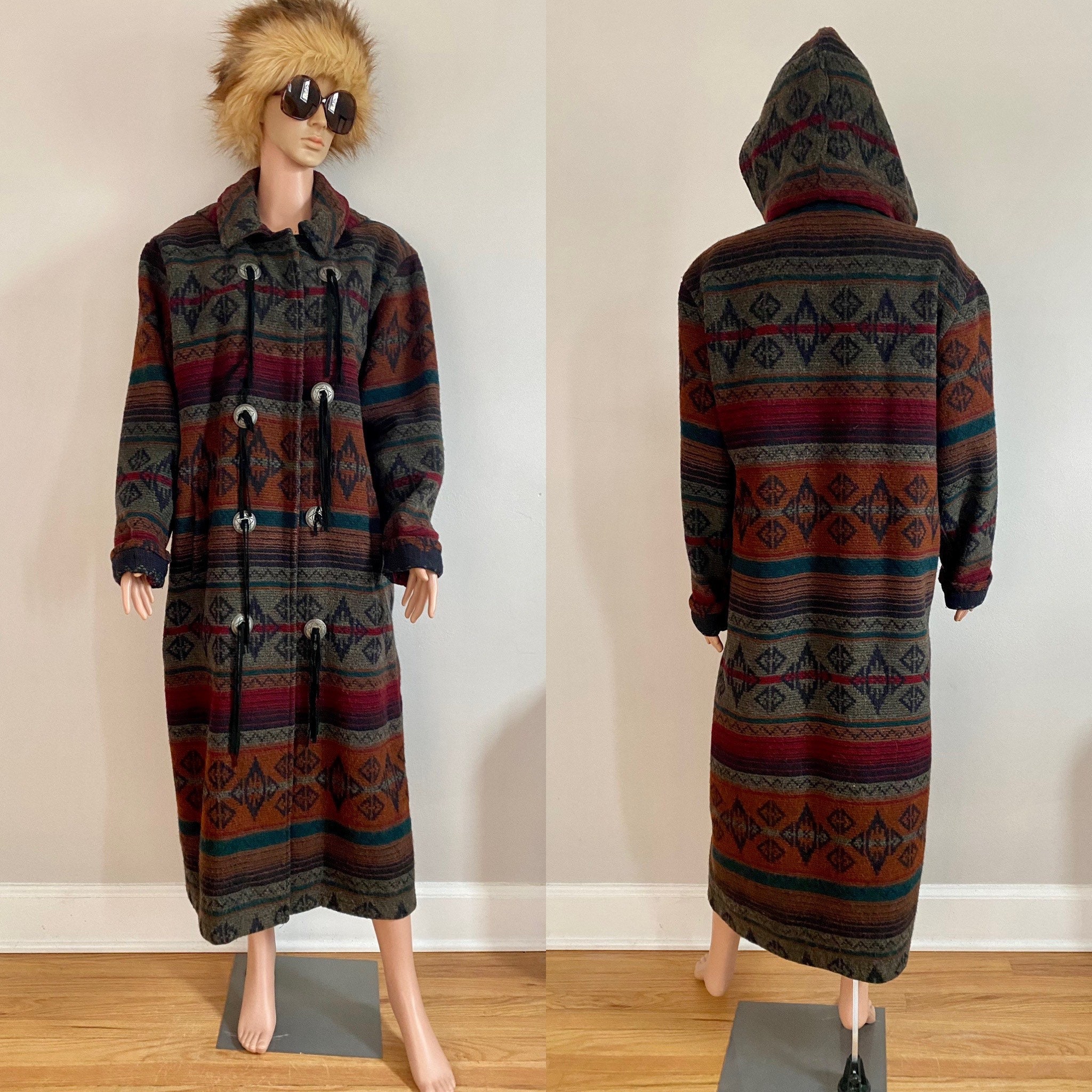 80s Woolrich Southwest Western Concho Hooded Duster Blanket Etsy