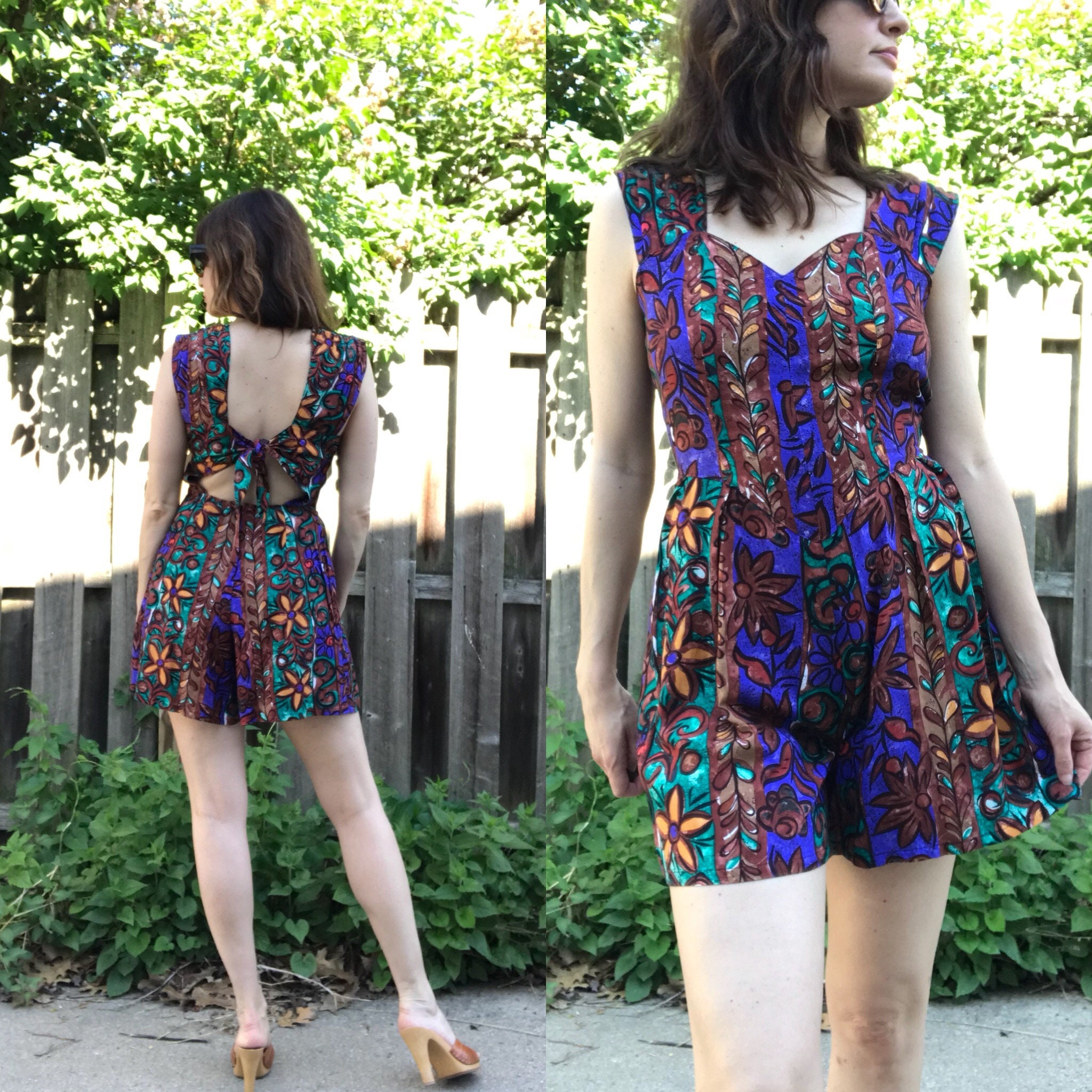 VTG 90s Sleeveless Exotic Floral Romper Playsuit Jumpsuit With - Etsy