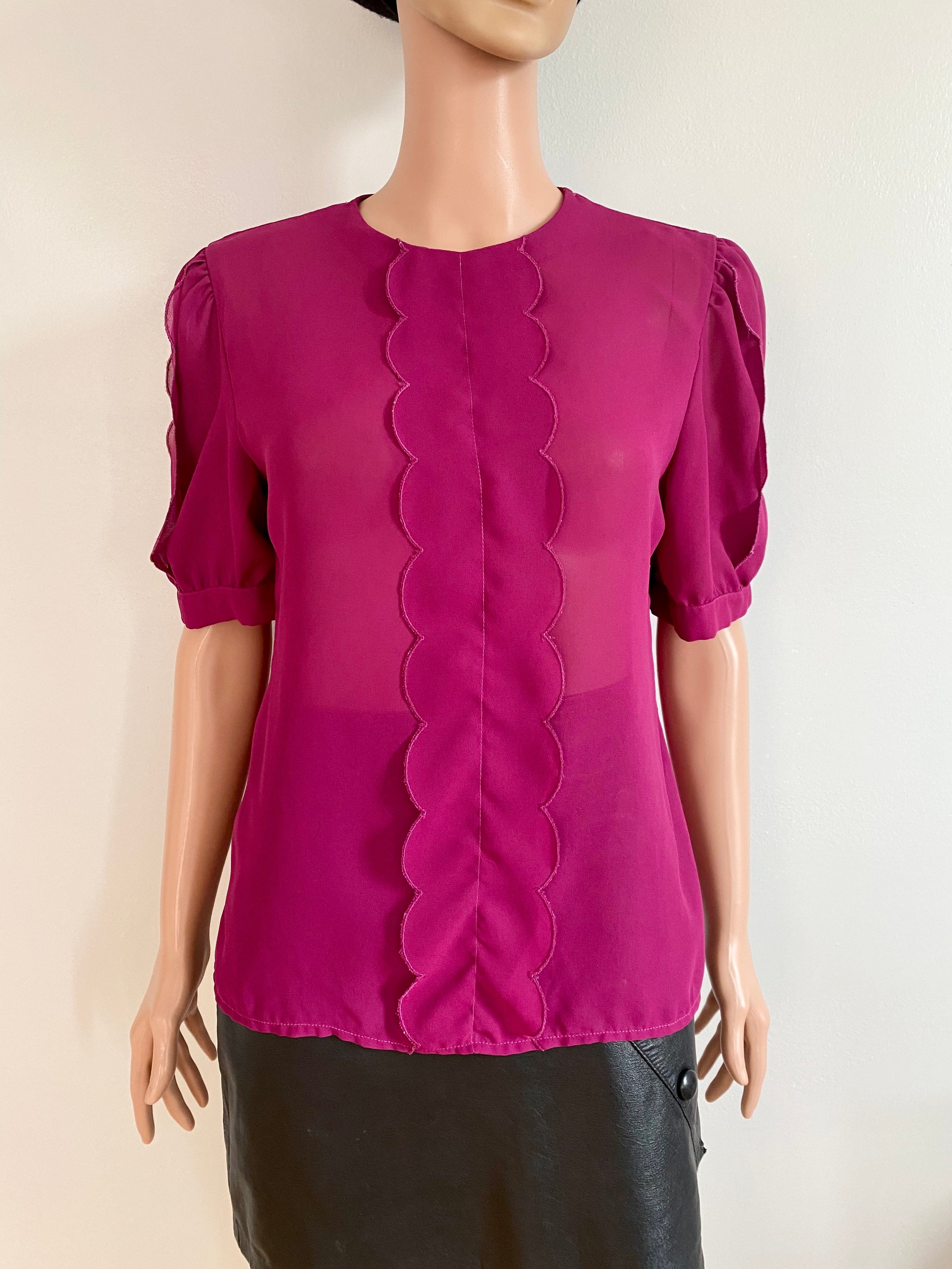 Magenta Ruffle Blouse 80s Sheer Magenta Jamboree Scalloped Ruffle Secretary Blouse Size M - Etsy