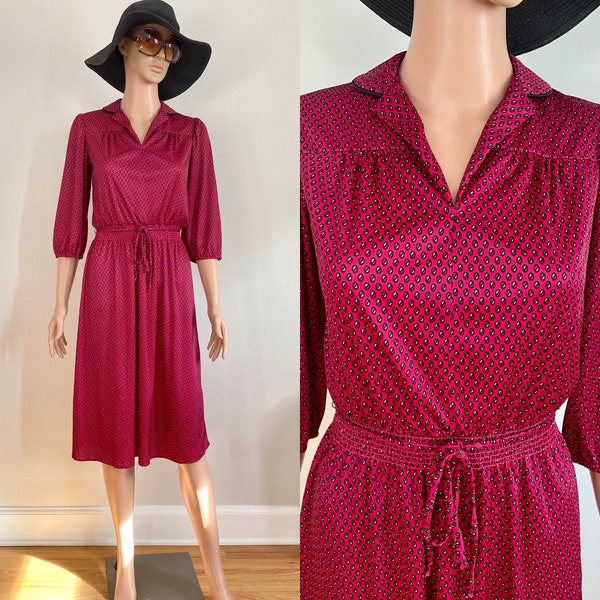 1970’s CHIPPER CALIFORNIA Maroon-Pink-Magenta Patterned Circle Print Collared Secretary Dress Size XS