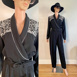 80’s/90’s John Roberts Black and Silver Embroidered Western Style Belted Trouser Jumpsuit Size S