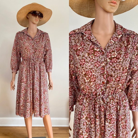 70’s Semi-Sheer Floral Collared Phase One Fashions Midi Dress Size S/M