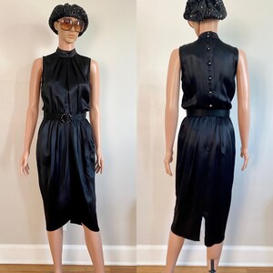 90’s Vintage LBD All That Jazz Black Black Satin Belted High Neck Sleeveless Belted Cocktail Dress with Rhinestone Button Detail Size XS/S