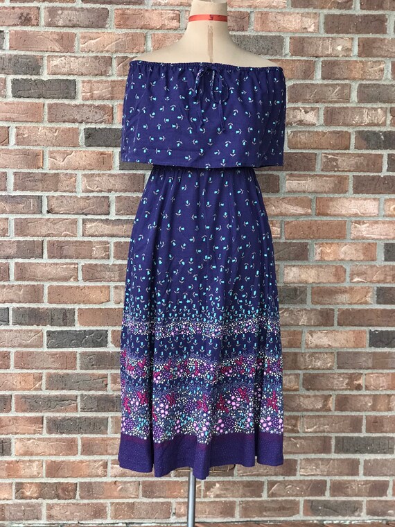 1970's Blue Purple Floral Boho Bohemian Off-The-Sh