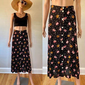 80’s By Debra Black High Waisted Floral Dotted Print Button Down Maxi Skirt Size XS/S