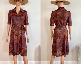 70’s Sheer Maroon-Rust Fall Toned Foliage and Butterflies Boho Bohemian Belted Dress Size S/M