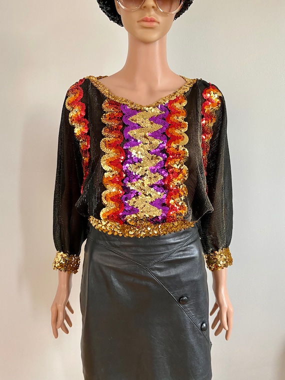 80’s Disco Rainbow Sequins Sheer Metallic Blouse … - image 1