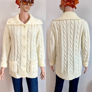 Kardigan z dzianiny kablowej SEARS Cream Cable Knit z lat 70., rozmiar M