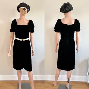 80’s Karin Stevens Petites Black Velvet Puff Sleeve Wrap Skirt LBD Party Dress Size S