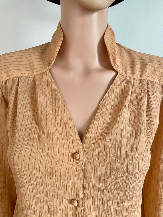 80’s Upper Class High Collar Sheer Peach Button D… - image 3