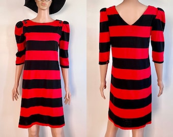 80’s Black and Red Striped Dress with Puff Sleeves and Button Detail Size S/M