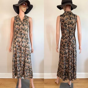 Vintage 1990’s All That Jazz Neutral Earth Toned Floral Collared Midi Dress Size Small/Medium