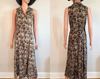 Vintage 1990’s All That Jazz Neutral Earth Toned Floral Collared Midi Dress Size Small/Medium