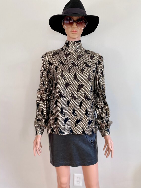 80's Silver Metallic and Black High Neck Disco Glam Blouse 80's Silver Metallic and Black High Neck Disco Glam Blouse