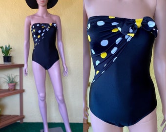 80’s Oscar de la Renta Designer Black White and Yellow Polka Dot with Bow One-piece Swimsuit Bathing Suit Size XS/S