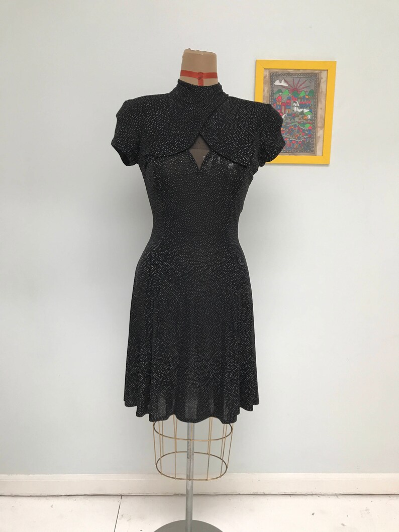 Vintage 80's Glittery Glam Black Betsy and Adam Skater Mini Dress with High-Collar and Cut-Out Mesh Detail Size S 