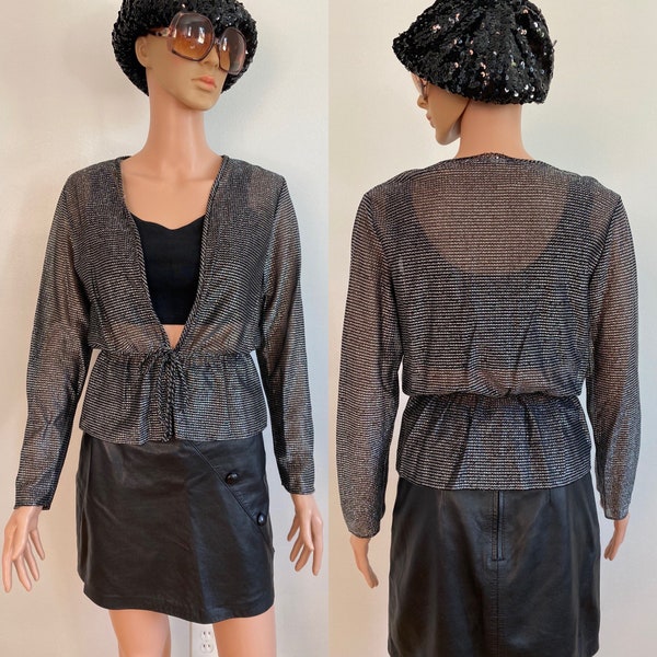 70’s Sheer Silver Metallic and Black Peplum Tie-At-Waist Disco Blouse Size XS/S