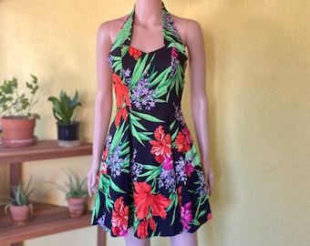 90’s Tropical Hawaiian Floral SCARLETT Halter Mini Summer Backless Sun Dress with Sweetheart Neckline Size XS/S