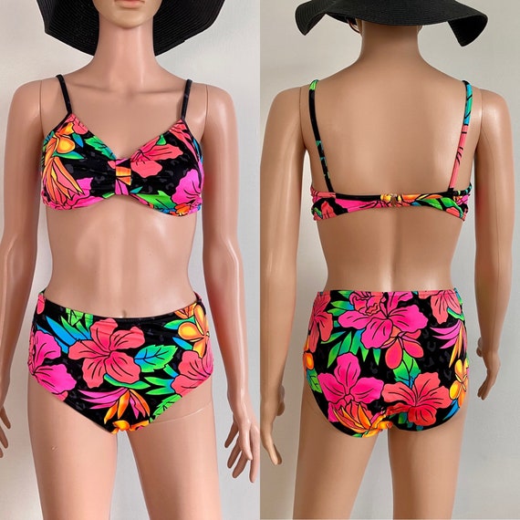80’s High Waisted Bright Tropical Floral Leopard P