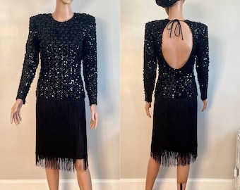 80’s Meets 20’s Betsy and Adam Black Sequin and Fringe Open Back Dropped Waist Flapper Dress Size S
