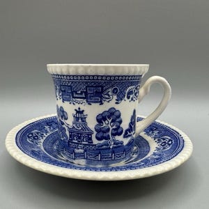 May include: A white ceramic teacup and saucer set featuring a blue willow pattern. The cup has a scalloped rim and a curved handle, while the saucer displays a matching intricate blue landscape design with pagodas and trees.