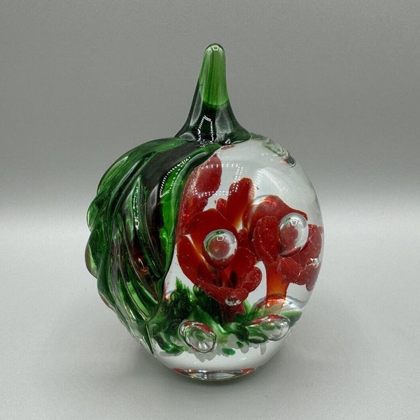 Art Glass Apple Paperweight Figurine Flowers Bubbles West Virginia Vintage