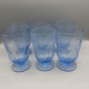 Set 6 Morgantown Seneca Driftwood Peacock Blue Crinkle Glass Footed Water Goblet