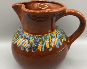 Redware Glazed Italian Pottery Pitcher Medium Farmhouse Cottage Yellow Blue Vtg