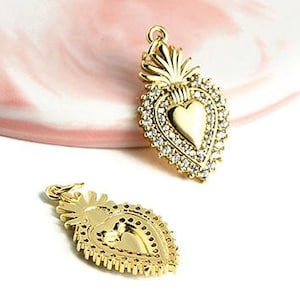 Baroque heart pendant ex voto in 18K gold plated brass flaming heart charm for gold plated heart necklace