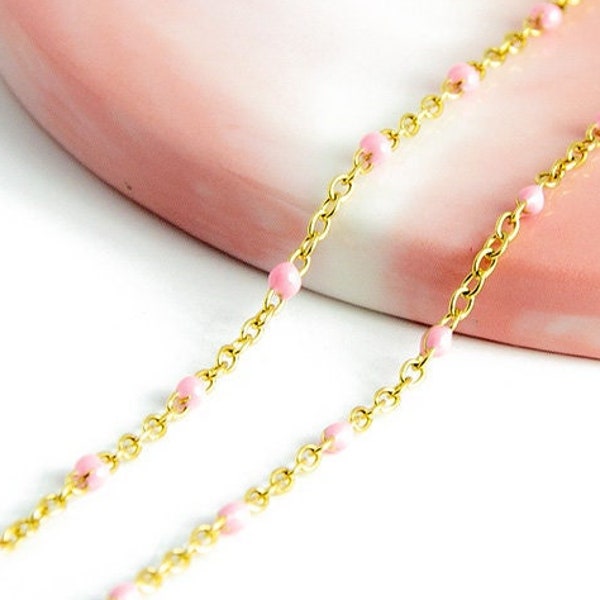 Enamelled stainless steel chain 2x1.6mm pink and gold pink steel chain