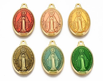 Small enameled religious medal 19.5x12mm pendant of the Holy Virgin or Madonna