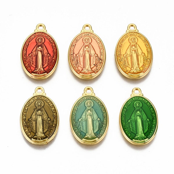 Small enameled religious medal 19.5x12mm holy virgin or Madonna pendant