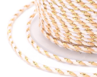 Cordon 1.5mm en coton 4 fils  blanc et or cordon pour bijoux fil coton doré