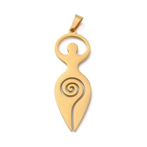 Peut inclure: Pendentif doré représentant une figure féminine stylisée, les bras levés et un motif en spirale. Le pendentif est doté d'une boucle pour une chaîne et est fabriqué en métal brillant. Le design est inspiré de l'art ancien.