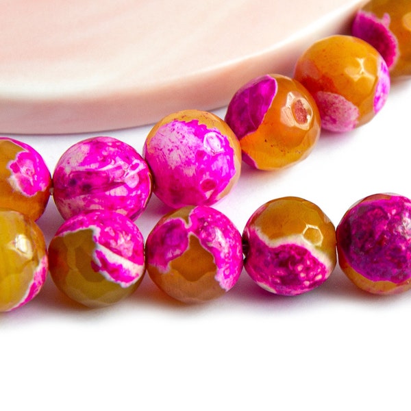 Perles 10mm agate fuchsia et orange 10 perles à facettes 10mm agate craquelée teintée sorbet/Grade A