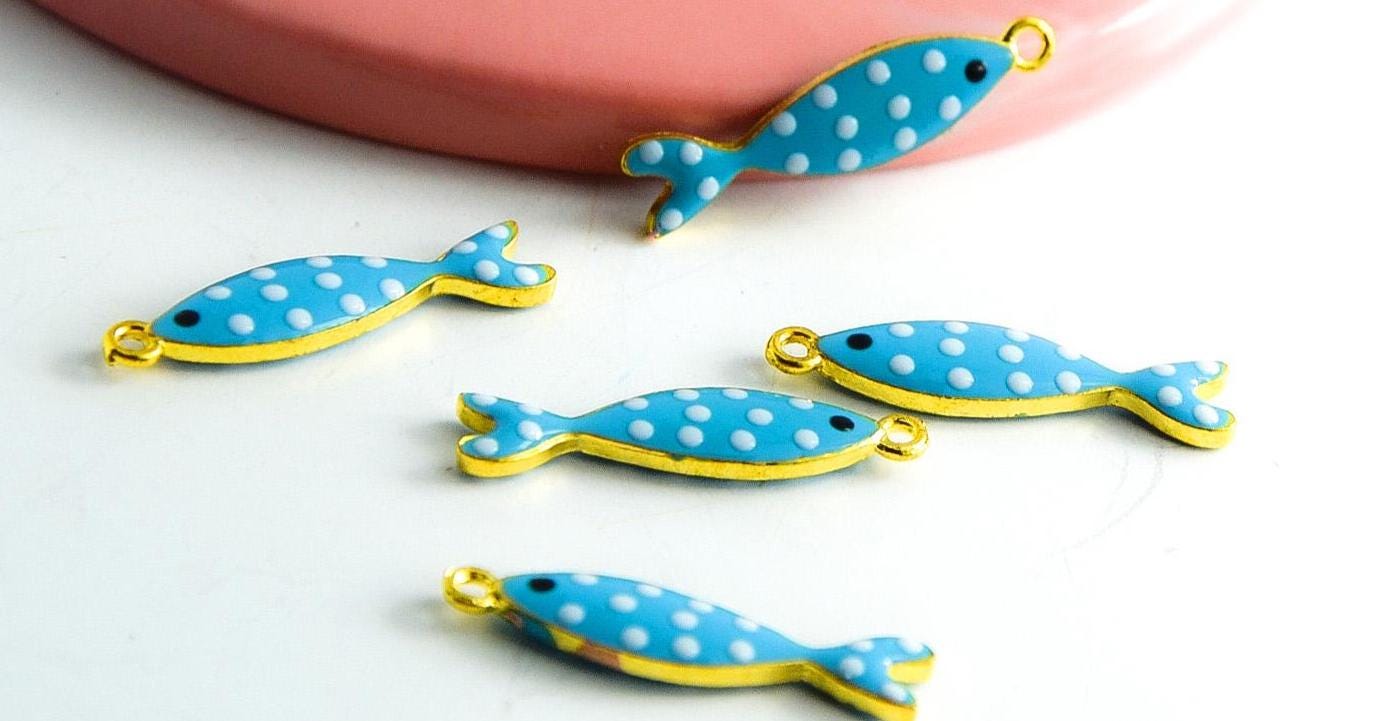 Pendentif Poisson émaillé Articulé Bleu, Vert, Doré Avec Chaîne Maille Fine - Occasion Bon état