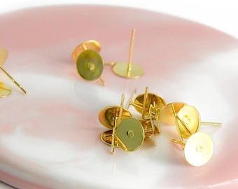 Puces d'oreille supports ronds 08mm à coller en acier inoxydable plaqué or 24k puce à coller base plateau à coller