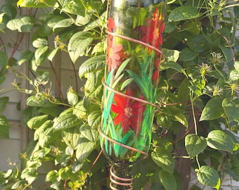 Wine bottle hummingbird feeder with Red Wildflower Design and copper twisted hanger