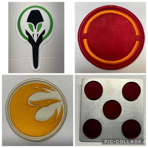 Puede incluir: Un collage de cuatro parches. Uno es blanco con un diseño verde y negro. Otro es un círculo rojo con un borde naranja. Un tercero es un diseño amarillo sobre un círculo blanco. El último es una placa de metal con cinco círculos rojos.