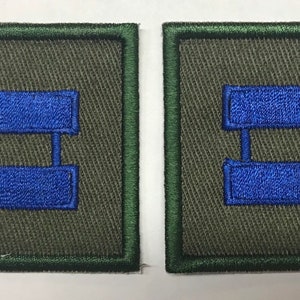 May include: Two green fabric patches with blue embroidered bars. The bars are arranged horizontally with a small space between them.